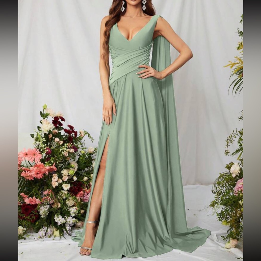 Luxe mint green slit thigh draped sleeve party holidays formal gown dress